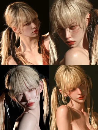 portrait of beautiful young east asian woman, oval face big bright eyes blonde_hair 吐舌笑 straight blunt bangs, twin long ponytails, dark glossy hair ribbons, subtle faint smirk, pale cool skin, half-lidded amber eyes, soft red lips, dramatic low-key lighting, key light illuminating face, solid pure black empty background, baring shoulder sultra detailed delicate skin texture, cinematic soft shadow, shallow depth of field, medium close-up shot showing upper torso, no extra objects