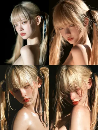 portrait of beautiful young east asian woman, oval face big bright eyes blonde_hair 吐舌笑 straight blunt bangs, twin long ponytails, dark glossy hair ribbons, subtle faint smirk, pale cool skin, half-lidded amber eyes, soft red lips, dramatic low-key lighting, key light illuminating face, solid pure black empty background, baring shoulder sultra detailed delicate skin texture, cinematic soft shadow, shallow depth of field, medium close-up shot showing upper torso, no extra objects