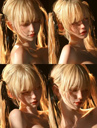 portrait of beautiful young east asian woman, oval face big bright eyes blonde_hair 吐舌笑 straight blunt bangs, twin long ponytails, dark glossy hair ribbons, subtle faint smirk, pale cool skin, half-lidded amber eyes, soft red lips, dramatic low-key lighting, key light illuminating face, solid pure black empty background, baring shoulder sultra detailed delicate skin texture, cinematic soft shadow, shallow depth of field, medium close-up shot showing upper torso, no extra objects