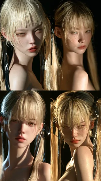 portrait of beautiful young east asian woman, oval face big bright eyes blonde_hair 吐舌笑 straight blunt bangs, twin long ponytails, dark glossy hair ribbons, subtle faint smirk, pale cool skin, half-lidded amber eyes, soft red lips, dramatic low-key lighting, key light illuminating face, solid pure black empty background, baring shoulder sultra detailed delicate skin texture, cinematic soft shadow, shallow depth of field, medium close-up shot showing upper torso, no extra objects
