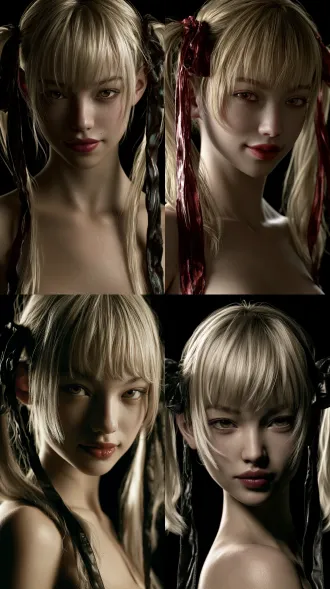 portrait of beautiful young east asian woman, oval face big bright eyes blonde_hair 吐舌笑 straight blunt bangs, twin long ponytails, dark glossy hair ribbons, subtle faint smirk, pale cool skin, half-lidded amber eyes, soft red lips, dramatic low-key lighting, key light illuminating face, solid pure black empty background, baring shoulder sultra detailed delicate skin texture, cinematic soft shadow, shallow depth of field, medium close-up shot showing upper torso, no extra objects