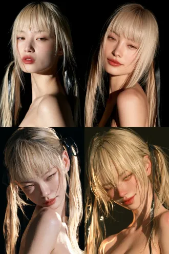 portrait of beautiful young east asian woman, oval face big bright eyes blonde_hair 吐舌笑 straight blunt bangs, twin long ponytails, dark glossy hair ribbons, subtle faint smirk, pale cool skin, half-lidded amber eyes, soft red lips, dramatic low-key lighting, key light illuminating face, solid pure black empty background, baring shoulder sultra detailed delicate skin texture, cinematic soft shadow, shallow depth of field, medium close-up shot showing upper torso, no extra objects