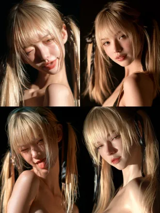 portrait of beautiful young east asian woman, oval face big bright eyes blonde_hair 吐舌笑 straight blunt bangs, twin long ponytails, dark glossy hair ribbons, subtle faint smirk, pale cool skin, half-lidded amber eyes, soft red lips, dramatic low-key lighting, key light illuminating face, solid pure black empty background, baring shoulder sultra detailed delicate skin texture, cinematic soft shadow, shallow depth of field, medium close-up shot showing upper torso, no extra objects