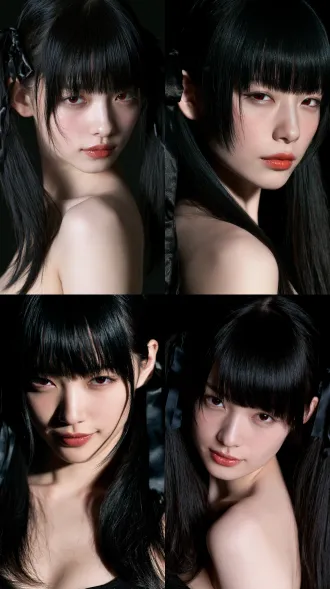 portrait of beautiful young east japan woman, oval face big bright eyes black_hair 吐舌笑 straight blunt bangs, twin long ponytails, dark glossy hair ribbons, subtle faint smirk, pale cool skin, red pupils, eyes, soft red lips, dramatic low-key lighting, key light illuminating face, solid pure black empty background, baring shoulder sultra detailed delicate skin texture, cinematic soft shadow, shallow depth of field, medium close-up shot showing upper torso, no extra objects