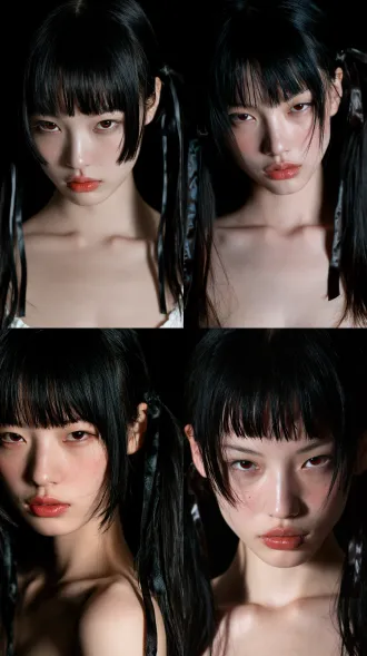 portrait of beautiful young east asian woman, oval face big bright eyes black_hair 羞涩地咬唇 straight blunt bangs, twin long ponytails, dark glossy hair ribbons, subtle faint smirk, pale cool skin, red pupils, eyes, soft red lips, dramatic low-key lighting, key light illuminating face, solid pure black empty background, white shoulders ultra detailed delicate skin texture, cinematic soft shadow, shallow depth of field, medium close-up shot showing upper torso, no extra objects