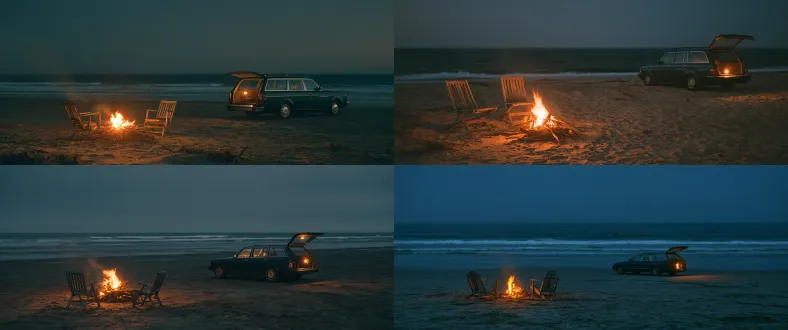 standalone live-action film still, an empty quiet beach at night. one small driftwood campfire and two empty weathered wooden chairs arranged loosely beside it. a dark graphite station wagon is parked six meters away on firm damp sand, its rear hatch open and facing the campfire. eye-level camera, 35mm lens, asymmetrical wide composition, low flames and empty chairs in the left foreground, the car in the right middle distance, generous open space between them, a broad dark sea and a faint line of breaking waves in the background. ordinary coastal night, gentle sea breeze carrying a thin trail of smoke inland. amber light comes naturally from the burning wood, a small warm cargo lamp glows inside the open trunk, deep navy ambient night light across the beach, muted gray-brown sand with restrained reflections. tactile wood, sand and metal, realistic shadow falloff, understated fashion-film atmosphere, subtle 35mm film grain, soft highlight roll-off