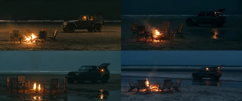 standalone live-action film still, an empty quiet beach at night. one small driftwood campfire burns on the sand, with exactly four empty weathered wooden chairs loosely arranged around it, natural gaps between the chairs. a dark graphite gray jeep wrangler is parked six meters away on firm damp sand, its rear cargo area open and its rear facing the campfire. eye-level camera, 35mm lens, asymmetrical widescreen composition, low flames and all four empty chairs in the left foreground, the jeep wrangler in the right middle distance, generous open space between them, a broad dark sea and a faint white surf line in the background. an ordinary coastal night, a gentle sea breeze carrying a thin trail of smoke inland. amber light comes naturally from the burning wood, a small warm cargo lamp glows inside the open rear compartment, deep navy ambient night light across the distant beach, muted gray-brown wet sand with restrained local reflections. tactile wood, sand and automotive metal, realistic shadow falloff, understated fashion-film atmosphere, subtle 35mm film grain, soft highlight roll-off. the entire location is unoccupied, with no human reflections in the windows or bodywork