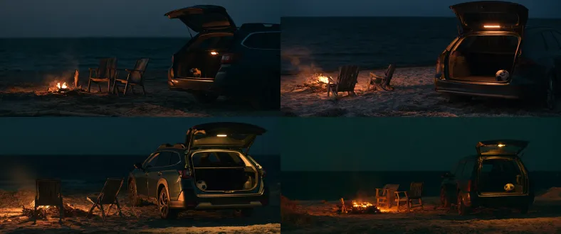 standalone live-action film still, an empty coastal night scene beside the open rear hatch of a dark graphite station wagon. camera positioned beside the rear quarter of the car, slightly below chest height, 50mm lens. the open hatch, rear bodywork and softly illuminated cargo opening occupy the right edge of the frame, leaving a clear unoccupied standing area beside the rear bumper. one worn black-and-white paneled football remains on the cargo floor, partially visible inside the trunk. six meters away in the left middle distance, one small driftwood campfire burns beside two empty weathered wooden chairs. the shoreline extends behind them into a dark open sea. asymmetrical composition with breathing room between the car and the fire, faint windblown smoke, naturally uneven damp sand. a small warm cargo lamp lights the rear threshold, amber firelight touches the chairs and nearby sand, deep navy night ambient light recedes toward the horizon. understated fashion-film atmosphere, physical material texture, rich natural darkness, subtle 35mm grain, soft highlight roll-off