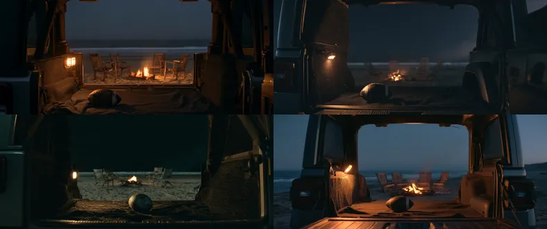 standalone live-action film still, camera placed deep inside the open rear cargo compartment of a dark graphite gray jeep wrangler parked beside a quiet beach at night, looking outward toward the shoreline. one slightly worn black-and-white paneled football rests naturally on the charcoal fabric cargo floor in the lower foreground, with generous empty space above and around it. low camera position, 28mm lens, the dark edges of the cargo opening forming a natural frame, tactile woven lining, rear threshold and partial vehicle structure visible. six meters beyond the car, one small driftwood campfire burns beside exactly four empty weathered wooden chairs loosely arranged around it, each chair distinctly separated, the background gently softened, a faint white surf line and dark sea farther behind. an ordinary coastal night, a light breeze carrying a thin trail of smoke inland. a small warm cargo lamp softly illuminates the football and nearby fabric, weak deep navy ambient night light outside, distant amber flames providing a small secondary glow. deep believable shadows, restrained metal reflections, tactile materials, subtle 35mm film grain, gentle optical softness, understated fashion-film location photography. the entire location is unoccupied, with no human reflections