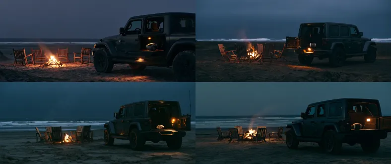standalone live-action film still, an empty coastal night scene beside a dark graphite gray jeep wrangler parked on firm damp sand, its rear cargo compartment open. camera positioned beside the rear quarter of the vehicle, slightly below normal eye level, 50mm lens. the wrangler's boxy rear bodywork, partial side panel and softly illuminated cargo opening occupy the right edge of the frame, leaving a clear generous area beside the rear bumper. one slightly worn black-and-white paneled football remains on the charcoal cargo floor, partially visible through the opening. six meters away in the left middle distance, one small driftwood campfire burns among exactly four empty weathered wooden chairs loosely arranged around it, natural spacing, all four chairs distinctly readable. the shoreline extends behind them into a dark open sea, a faint white surf line near the horizon. asymmetrical widescreen composition, breathing room between the vehicle and the fire, a thin trail of smoke carried inland by a gentle sea breeze. a small warm cargo lamp lights the rear threshold, amber firelight touches only the chairs and nearby sand, deep navy and charcoal ambient night tones recede toward the sea. ordinary believable nighttime lighting, restrained damp-sand reflections, tactile wood and automotive metal, understated fashion-film atmosphere, subtle 35mm grain, soft highlight roll-off. the entire location is unoccupied, with no human reflections in the windows or bodywork