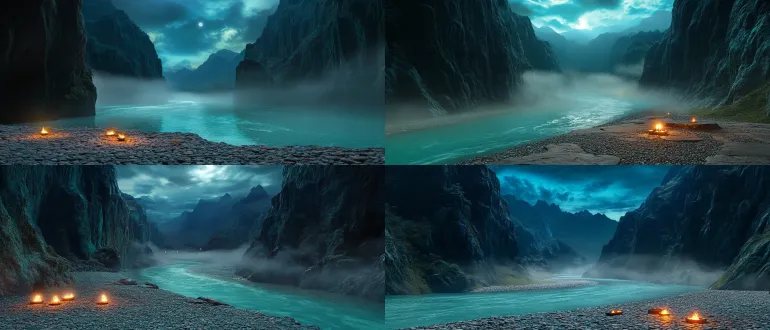 epic cinematic environment concept art for a high-budget chinese 3d animated feature film, an empty ancient chinese riverside campsite at night, a breathtaking secluded mountain valley with a wide crystal-clear turquoise river flowing between towering dark teal rocky cliffs, natural uneven pebble-covered riverbank, several small campfires scattered along the rocky shore, warm amber-orange flames gently illuminating nearby stones, absolutely no people or characters, magnificent atmospheric night sky with rich multi-layered color gradients transitioning from deep midnight blue and indigo at the top to luminous blue-green, teal, cyan and subtle jade green near the mountain horizon, complex overlapping cloud formations with varying shades of blue, turquoise, muted violet and silver, a beautiful luminous moon partially veiled by drifting clouds, soft silvery moonlight filtering through openings in the clouds, delicate moonbeams illuminating the distant mountain slopes and sections of the river, ethereal rolling mist weaving between cliffs, floating above the water and drifting through the valley, multiple layers of translucent atmospheric fog creating extraordinary cinematic depth, distant mountain silhouettes fading into blue-green haze, subtle moonlight reflections shimmering across the turquoise river, elegant interplay of cool cyan-blue moonlight and localized warm golden firelight, rich nuanced color variation throughout the entire scene, sophisticated cinematic color grading, deep shadows with preserved details, mysterious, tranquil and slightly melancholic atmosphere, majestic yet intimate chinese mythological cinema aesthetic, stylized high-end 3d donghua animation environment, beautiful sculptural rock formations, refined art direction, highly detailed pbr materials, unreal engine 5, octane render, cinematic global illumination, volumetric lighting, rich saturated yet elegant colors, dramatic atmospheric perspective, wide establishing shot, 24mm cinematic lens, panoramic 2.39:1 composition, visually stunning animated movie background