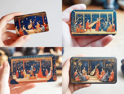 一只手掌平托着一枚长方形冰箱贴，冰箱贴为横版构图（8.5cm×5.5cm）， 画面为q版国风插画风格，描绘中国古代宴会场：琵琶女在中间弹奏，几位宾客围坐凝神倾听。 画面色调：深蓝底色+暖金色人物+红色点缀。 冰箱贴表面有细微的光栅条纹质感（lenticular texture），边缘为圆角模切。 背景为干净的浅色桌面，柔光，产品摄影风格。