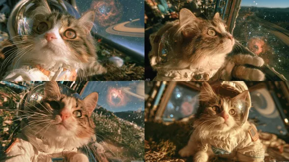 一只穿着量身定制的白色微型宇航服的猫咪，漂浮在巨大的透明宇宙飞船舷窗前。窗外是浩瀚无垠的宇宙星云，绚丽的玫瑰星云与庞大的土星环清晰可见。强烈的科幻设计感，孤独又浪漫的氛围，光影折射在面罩上，电影级质感，超高分辨率。