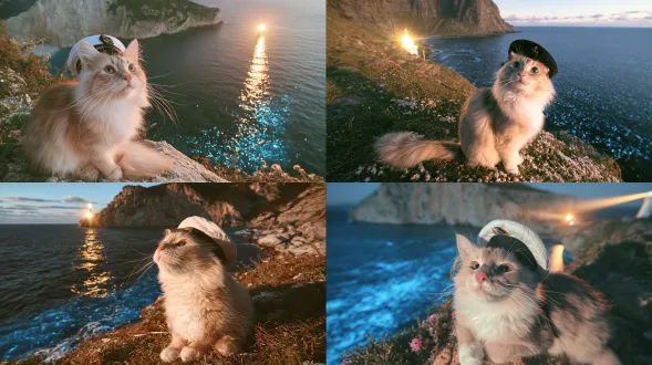 挪威森林猫，戴着水手帽，坐在悬崖灯塔旁，浩瀚海洋，夜晚海面泛起蓝色荧光海，巨大悬崖背景，幽蓝荧光海浪，灯塔暖黄光束，长曝光摄影效果，冷暖对比，宽银幕，浪漫宏伟。