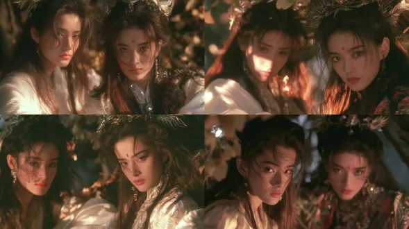 a medium shot of two distinct, exquisitely beautiful chinese women in 90s hong kong wuxia cinema style, standing beneath a thousand-year-old ginkgo tree with fallen leaves on the ground. both women have strong feminine features, delicate and refined facial features, long flowing hair, and graceful figures. the first woman has a gentle, soft, and warm temperament. the second woman has a sharp, heroic gaze but remains distinctly feminine and beautiful, with a small vermilion dot (red bindi) on her forehead. both wear luxurious, richly decorated ancient chinese costumes made of silk and brocade, with intricate embroidery, elaborate phoenix hairpins, jeweled headpieces, and reflective jewelry catching the light. the scene features scattered sunlight filtering through the tree, creating a strong chiaroscuro effect with high contrast between warm and cool tones. vintage 35mm film grain texture, nostalgic, cinematic atmosphere, dramatic lighting, dvd screengrab from a classic shaw brothers studio film, retro aesthetic, 16:9 widescreen, highest detail, photorealistic, both women looking directly at the camera with cold, expressive, story-telling eyes, deep focus, rich colors,