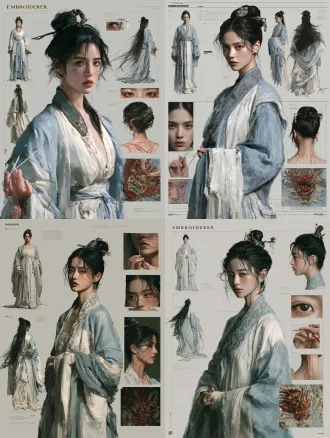 一张综合角色设定图，年轻中国女子“绣娘”，复合排版包含多个视图和细节插图。中央主体为半身肖像，精致五官，瓷白肌肤，深邃忧郁的眼眸，身着淡蓝与白色汉服，刺绣衣领，黑色长发盘成精致发髻，配玉簪，表情平静而专注。环绕中央，排列有：正面全身中立站姿，纯侧面全身，背面全身展示飘动长发与衣褶，手部特写持银针引红线，眼部超特写反射刺绣图案，发髻与玉簪细节，颈部特写皮肤上浮现红色线状纹路，以及绣品微距特写，红金线绣出恶鬼形象。整体设计为简洁极简排版，浅灰背景，标注区域，符合概念艺术风格。风格：90年代香港奇幻电影美学，徐克与邵氏灵感，复古胶片颗粒，戏剧性明暗对比，高对比度，丰富而低饱和色彩，超精细纹理，8k分辨率，杰作，高质量，角色概念艺术，专业插画，artstation热门。