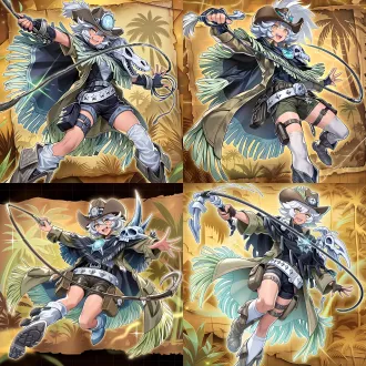 游戏王怪兽卡牌插画风格，日式动漫赛璐璐平涂，粗重鲜明的黑色轮廓线，锐利线稿，高饱和度，强烈对比。一张充满活力的假小子女孩全身肖像，身体极具爆发力地向前突进，摆出极具动感的战斗姿势。她有着小麦色皮肤，凌乱纯白色的短发向后狂野飞扬，浅黄色眼睛，嘴角挂着自信的微笑。她身穿棕绿色风衣，外搭一件黑色流苏斗篷披肩，斗篷边缘带有大量长发光绿色流苏。她头戴一顶复古牛仔帽，帽子上带有发光的指南针装饰。她的右肩上有着引人注目的恐龙头骨装饰，呈现出夺宝奇兵风格的探险家美学。她的右手攥紧骨节鞭的握把抬至侧上方，左手向前探出、五指张开。骨节鞭横向挥出，划过她的身前。她的装扮包括一条带有银色星形铆钉的白色宽腰带，短款工装裤，战术大腿包，纯白中筒袜，做旧登山靴。整个背景是一张古老破旧的藏宝地图，具有亚麻织物的质感表面以及真实的破洞，采用棕绿色与陈年纸张黄色的暖色调。地图上叠加着风格化的平面剪影，包括热带丛林、层次分明的棕榈树和史前植被剪影，绘本风格。居中构图，精致的布料纹理，8k超高清。