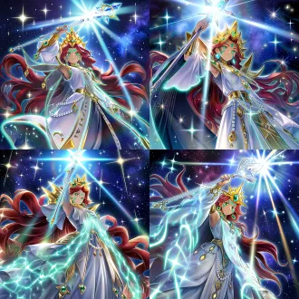yu-gi-oh! official monster card illustration, anime cel shading, thick clear black outlines, highly saturated colors, hard block shading, 1:1 square composition, worm's-eye view, low angle shot, female mage queen, extremely long flowing deep wine red hair, golden pointed crown inlaid with emerald gems, golden star-shaped head ornaments, emerald green eyes, turquoise markings on forehead and cheeks, turquoise drop earrings, white ornate mage robe, bright luminous cyan-blue glowing energy lines tracing the edges of robe and shoulder armor, golden bracers, pearl necklace, pearl belt, hanging golden diamond pendants, robe hem fluttering, holding long staff high above head, bright galactic light bursting from the crystal tip of staff, radiant beam of starlight pouring down, vast deep galaxy nebula background, floating stardust, sparkling star points, strong holy rim light, dramatic lighting, highly detailed, spellcaster monster art