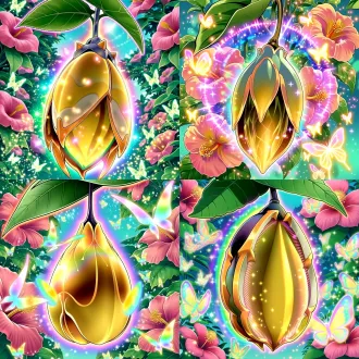 yu-gi-oh! official monster card art, cel shading, flat color, thick bold black outline, high saturation, hard contrast shading, 1:1 square composition, alien chrysalis monster pupa, hanging from the underside of a leaf, basic pupa and cocoon silhouette, translucent golden yellow shell, simple teardrop shaped body, slightly curved outline, dark hanging structure at top, soft pearlescent cream and orange gold highlights on edges, minimal surface patterns, faint inner glow, outer shell surrounded by colorful iridescent neon halo, pink purple blue green energy membrane around the pupa, holographic rainbow light along shell edges, glowing butterfly scale dust, translucent luminous aura, dreamy fairy garden background, large pink hibiscus flowers, lush green leaves, countless glowing iridescent rainbow butterflies fluttering, soft turquoise gradient sky, sparkling tiny glowing stardust particles, ultra detailed, masterpiece, best quality