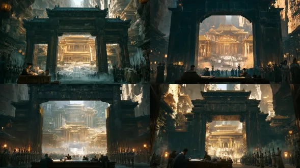 magnificent imperial palace entrance inside an immense oriental fantasy desert canyon megacity, monumental ancient chinese palace gate built from dark weathered sandstone and aged bronze, enormous open palace doors framing a breathtaking golden imperial palace directly behind the entrance, magnificent golden glazed tile roofs, towering multi tiered royal halls, elaborate gilded columns, grand white marble staircases, luxurious imperial courtyards, brilliant golden sunlight illuminating the majestic palace, colossal sandstone cliffs and layered ancient chinese architecture surrounding the entrance, a high ranking imperial minister seated at an elegant wooden registration desk beside the gate, writing visitor names in an ancient ledger, attendants checking entry documents, two orderly rows of elite imperial guards standing on both sides with ceremonial spears, wealthy aristocrats in exquisite embroidered silk robes, noblewomen wearing luxurious jewelry, distinguished warriors and elegant swordsmen carrying ornate swords, prestigious visitors entering the palace, lively orderly procession, rich costume variety, warm amber lanterns, drifting desert dust, subtle jade green atmospheric haze, deep teal shadows contrasting radiant golden palace architecture, immersive street level cinematic composition, slight downward angle, palace gate and magnificent golden palace clearly visible in the center, foreground registration desk and guards, midground noble visitors, background enormous golden imperial palace, minimal sky, monumental scale, dramatic architectural depth, photorealistic oriental dark fantasy, arri alexa 65, panavision anamorphic 35mm, fine 35mm film grain, subtle halation, unreal engine 5, lumen, pbr materials, ultra detailed, 8k