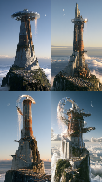 多文明层积：基座远古巨石·中段百年铸铁·顶段当代钛晶环，废弃沉睡期，功能：历朝圣址层积、现顶环天文观测；内部分层：基座市集蜗居灯火零星、中段档案馆幽暗、顶环天文独台明；锥台叠层体，基调厚重与失重并存；天际线三段异质，层积配色：石灰灰→铁锈灰→钛银；窗阵如残烛零星（盗居者），万级长阶半埋，侧翼飞桥断头；肌理三层异质，侵蚀：向阳面石层风化、背阴面苔厚、铁段锈流垂痕；运转：顶环射电缓慢追踪，完损六成——断口为犬牙状崩塌型；事件瞬间：维修中，钛环外侧焊接火花如星屑倾泻；接地阶梯基座；附属：平台雨林垂下飞瀑、檐口积湖成镜、检修吊舱群；参照：与月同框+腰际自造云带；嵌入：半嵌山脊，山脚小镇屋脊皆取材自巨构残骸；姿态：主轴正对冬至日出；大远景，巨构左右边缘出画——不可量