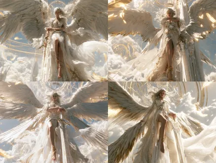 3d cg电影级写实，奇幻史诗风格，imax 70mm胶片质感，高亮度高对比度，极具神圣压迫感。中远景全景，人物比例适中，站在直插云霄的白水晶神圣塔尖上。一位极度帅气、精致、长相雌雄莫辨的女性大天使，身姿挺拔，神情深沉冷厉，居高临下地俯视，银白长发在圣光中狂舞。她身穿纯白极繁主义神圣礼服，繁复的金色刺绣，镶嵌珍珠与白水晶的束腰，高开叉设计，纯白薄纱长裙在狂风中向后剧烈翻飞。她赤足悬空，脚踝佩戴金色圣链。她双手交叠，轻轻搭在一把巨大的神圣之剑的剑柄之上，剑尖垂直抵在白水晶塔尖。 剑身布满耀眼的金色符文与纯白圣光。背后是三对极其巨大、遮天蔽日的纯白羽翼，半张开，羽毛边缘散发金色圣光。头顶悬浮着巨大的神圣光环与白金神冠。背景是明亮柔和的云端神国，金色神圣几何环阵隐现在云层中，漫天飞舞着金色的发光羽毛。丁达尔效应，体积光，lumen全局光照，极致的神性、华丽与史诗感