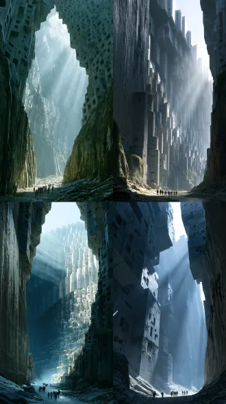 清水混凝土阶梯式巨构半嵌峡谷两侧层层退台，密集窗洞如蜂巢阵列无限重复，谷底一队旅人渺小如蚁穿行，表面风化雨痕与苔藓攀附，晨雾中丁达尔光束从结构缝隙射下，冷蓝调，建筑摄影，粗野主义，一点透视广角仰拍，真实水泥颗粒质感