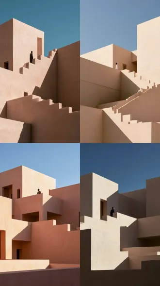 一名孤身人影伫立在一座巨大几何建筑群的阳台上，建筑呈浅沙色调，沐浴于直射阳光；构图严格正交，立方结构与阶梯状墙面，锐利棱角阴影扫过洁净的灰泥表面，湛蓝天空，极简建筑摄影