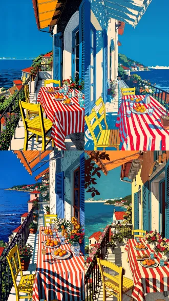 斜向透视框景构图，日式版画风格插画，主体是南欧临海民居阳台，前景阳台左侧放亮黄色木椅，右侧铺红白条纹桌布的长桌，桌上摆放盛满橙子的果盘、插着鲜花的花瓶、冰镇玻璃杯和小点心；蓝色百叶木窗敞开，白色拱形门洞连接室外小径，黑色铁艺栏杆边点缀盆栽鲜花；背景为蔚蓝海面、晴空、远处绿植与红顶房屋，海面有水平排线波纹。参考丝网版画与日式新波普风景插画，高饱和亮蓝、正红、明黄、鲜绿撞色，硬朗线条，刻线纹理，大块平涂色块，少量排线阴影，少渐变，版画网点，阳光强烈，明暗分界清晰，夏日热烈明媚，没有人物。