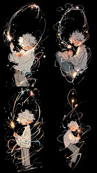 竖版全身偏半身构图，潦草速写风二次元插画，主体是发尾微翘的少年形象，蓬松浅灰卷发，脸颊带淡橘粉色腮红，身穿宽松浅色长袖上衣与灰调休闲长裤，无额外配饰。纯深邃藏黑色夜晚背景，强烈明暗反差，白、浅蓝、暖黄、粉橙亮色线条在人物周围形成旋转动线。动作：少年微微低头，身体蜷缩，单手高举发光烟花，另一只手轻轻抓住袖口，双眼闭合，表情安静治愈。自由奔放的潦草飞线、抖线、彩色缠绕线条，笔触松散狂野，带毛笔飞白质感，块面薄涂叠加线条点缀，大面积留白提亮；彩色烟花拖尾光丝向上弧形飘散，白色光点碎屑闪烁，粉蓝暖黄光晕明亮，夜色温柔浪漫。
