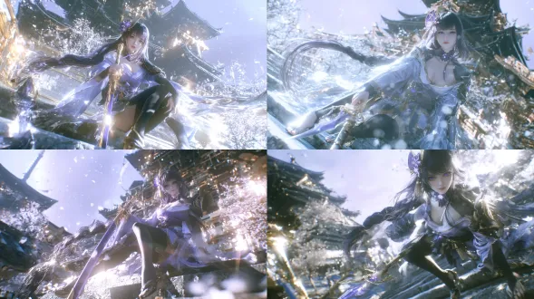 3d cg render, unreal engine 5, pbr, subsurface scattering on skin, individually rendered hair strands, hybrid anime and photorealistic style, volumetric light, atmospheric haze, film grain, shallow depth of field, bokeh, 8k, raiden shogun from genshin impact, electro archon of inazuma, fair skin, very long dark purple hair falling in soft separate layers, fine flyaway strands catching light, tied into a thick long braid past the waist with an asymmetric front strand, an ornate purple and gold mitsudomoe style hair ornament, straight bangs, deep amethyst eyes, slender and cold, soft natural iris detail with no glow, regal serene expression, pale rose lips, purple kimono off shoulder with asymmetric sleeves, gold trim and flowing sashes, dark shoulder armor piece, purple choker with glowing electro vision, black thighhighs, high heeled sandals, holding a long naginata polearm with a gold and violet blade, wide environmental medium long shot standing atop the stone steps of tenshukaku in inazuma city, one hand resting on the naginata planted beside her, the other arm relaxed at her side, weight on one leg, braid and sashes swaying gently, towering inazuman castle behind her with curved dark tiled roofs, sakura trees lining the steps, soft falling cherry blossom petals, overcast lavender sky with a pale sun, cool violet ambient light and warm gold on the castle tiles, solemn ruling atmosphere