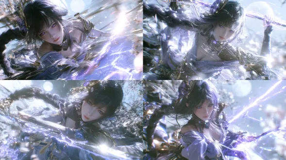 3d cg render, unreal engine 5, pbr, subsurface scattering on skin, individually rendered hair strands, hybrid anime and photorealistic style, volumetric light, atmospheric haze, film grain, shallow depth of field, bokeh, 8k, raiden shogun from genshin impact, electro archon, fair skin, very long dark purple hair falling in soft separate layers, fine flyaway strands catching light, thick long braid streaming far behind, ornate purple gold hair ornament, deep amethyst eyes cold and focused, soft natural iris detail with no glow, pale rose lips slightly parted, purple kimono off shoulder with asymmetric sleeves and gold sashes, shoulder armor piece, electro vision glowing at her throat, medium long full body shot hovering above the endless violet plane of euthymia, both hands gripping the musou isshin katana swung in a wide horizontal slash, a single enormous arc of violet lightning cleaving the sky from one horizon to the other, violent bursts of purple electricity trailing the blade, her braid and kimono sleeves whipping violently from the swing, a solitary pale full moon and drifting cherry blossom petals in the purple sky, ground far below cracking with violet energy, intense purple backlight outlining her silhouette, cold blue shadows, divine destructive grandeur atmosphere
