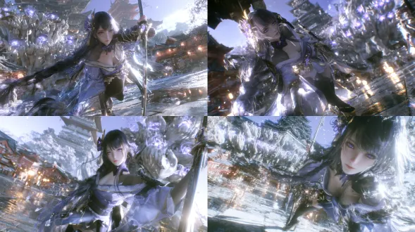 3d cg render, unreal engine 5, pbr, subsurface scattering on skin, individually rendered hair strands, hybrid anime and photorealistic style, volumetric light, atmospheric haze, film grain, shallow depth of field, bokeh, 8k, medium long shot, slight low angle looking up, raiden shogun from genshin impact, electro archon of inazuma, fair skin, very long dark purple hair falling in soft separate layers, fine flyaway strands catching light, tied into a thick long braid past the waist with an asymmetric front strand, an ornate purple and gold mitsudomoe style hair ornament, straight bangs, deep amethyst eyes, soft natural iris detail with no glow, purple kimono off shoulder with asymmetric sleeves, gold trim and flowing sashes, dark shoulder armor piece, purple choker with glowing electro vision, black thighhighs, high heeled sandals, standing on the stone plaza of inazuma city, the towering tenshukaku castle rising behind her against a low violet sky, the great statue of the omnipresent god beside her with dozens of carved stone hands each cradling a faintly glowing purple vision, vermilion wooden townhouses with dark tiled roofs and warm paper lanterns framing the square, drifting pink sakura petals, cool overcast storm light from behind forming a thin rim glow along her shoulders and the edges of her hair, warm lantern reflection on the wet stone floor, calm regal expression, one hand resting on the shaft of the naginata planted upright beside her