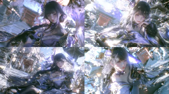 3d cg render, unreal engine 5, pbr, subsurface scattering on skin, individually rendered hair strands, hybrid anime and photorealistic style, volumetric light, atmospheric haze, film grain, shallow depth of field, bokeh, 8k, medium shot, eye level, single vanishing point receding into depth, raiden shogun from genshin impact, electro archon of inazuma, fair skin, very long dark purple hair falling in soft separate layers, fine flyaway strands catching light, tied into a thick long braid past the waist with an asymmetric front strand, an ornate purple and gold mitsudomoe style hair ornament, straight bangs, deep amethyst eyes, soft natural iris detail with no glow, purple kimono off shoulder with asymmetric sleeves, gold trim and flowing sashes, dark shoulder armor piece, purple choker with glowing electro vision, black thighhighs, high heeled sandals, standing on the stone path of the grand narukami shrine, a long tunnel of vermilion torii gates converging into the distance behind her, branches of the sacred sakura overhead with softly glowing pink blossoms and drifting petals, weathered stone lanterns and hanging paper lanterns along the path, dusk purple blue light filtering between the gate pillars forming a soft halo of light separating her hair from the background, a few loose strands lifted by a soft breeze, one hand holding her folding fan at her side, serene composed gaze turned slightly toward the shrine
