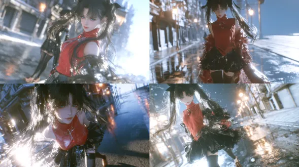 3d cg render, unreal engine 5, pbr, subsurface scattering on skin, individually rendered hair strands, hybrid anime and photorealistic style, volumetric light, atmospheric haze, film grain, 8k, deep focus, clear midground detail, far background fading into haze, full body, medium long shot, eye level, level horizon, upright vertical lines, rin tohsaka from fate stay night, fair skin, long black hair in twin tails tied with black ribbons, straight bangs, aqua blue eyes, soft natural iris detail, confident expression, red sleeveless high collar top in matte cotton fabric, black pleated skirt with flat weave texture, non reflective surface, black thigh high stockings, brown loafers, red gem pendant, walking forward along a quiet winter night street, cold blue night, warm amber street lamps, wet asphalt reflecting lamp light, closed shop fronts receding into the dark, open street on the right