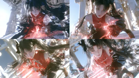 3d cg render, unreal engine 5, pbr, subsurface scattering on skin, individually rendered hair strands, hybrid anime and photorealistic style, volumetric light, atmospheric haze, film grain, 8k, shallow depth of field, soft background separation, medium shot, eye level, level horizon, upright vertical lines, rin tohsaka from fate stay night, fair skin, long black hair in twin tails tied with black ribbons, straight bangs, aqua blue eyes, soft natural iris detail, confident expression, red sleeveless high collar top in matte cotton fabric, black pleated skirt with flat weave texture, non reflective surface, black thigh high stockings, brown loafers, red gem pendant, one hand raised with crimson light at her fingertips, crimson light casting a soft red glow on the stone steps below, pale moonlight from the left, the stone gate of ryudo temple at night, tall wooden pillars, open night sky on the left