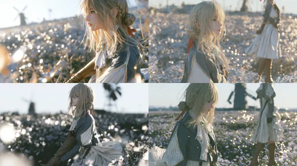 cinematic japanese 3d cg animation still, semi-realistic stylized cg young woman, soft painted cg shading, soft daylight global illumination, luminous rim light, bright soft edge highlights, creamy cooke lens rendering, large aperture, strong glowing bokeh, full body long shot, head to toe visible, feet and footwear clearly visible, subject occupies 20 to 30 percent of the frame, generous headroom, environmental composition dominates, violet evergarden from violet evergarden, the auto memory doll, fair skin, waist length golden blonde hair with straight bangs, two braided buns tied with red ribbons, light blue eyes, calm expression, standing still in a sea of violet flowers, gazing into the far distance, white ribbon tie dress, prussian blue jacket with gold trim, white pleated silk skirt, emerald brooch at the center of her ribbon tie, brown gloves, long brown leather heeled boots, late afternoon sunlight tracing bright rim light along her shoulders and skirt hem, violet flowers stretching to the horizon with a distant windmill silhouette dissolving into luminous bokeh