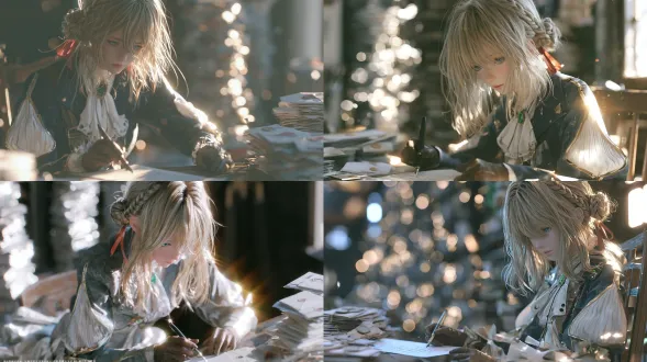 cinematic japanese 3d cg animation still, semi-realistic stylized cg young woman, soft painted cg shading, soft daylight global illumination, luminous rim light, bright soft edge highlights, creamy cooke lens rendering, large aperture, strong glowing bokeh, medium shot, head to waist visible, subject occupies 35 to 45 percent of the frame, violet evergarden from violet evergarden, the auto memory doll, fair skin, waist length golden blonde hair with straight bangs, two braided buns tied with red ribbons, light blue eyes, calm expression, sitting upright on a wooden chair at a writing desk, back straight, shoulders level, one hand holding a fountain pen above a half written letter, eyes on the letter, white ribbon tie dress, prussian blue jacket with gold trim, white pleated silk skirt, emerald brooch at the center of her ribbon tie, brown gloves, warm window light from the right tracing bright edge light along her hair and sleeve, a stack of sealed letters at the edge of the desk, tall shelves dissolving into luminous bokeh