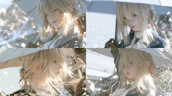 cinematic japanese 3d cg animation still, semi-realistic stylized cg young woman, soft painted cg shading, soft daylight global illumination, luminous rim light, bright soft edge highlights, creamy cooke lens rendering, large aperture, strong glowing bokeh, medium shot, head to waist visible, subject occupies 35 to 45 percent of the frame, violet evergarden from violet evergarden, the auto memory doll, fair skin, waist length golden blonde hair with straight bangs, two braided buns tied with red ribbons, light blue eyes, calm expression, holding an open pale blue parasol above her head, the canopy fully spread and visible in the upper frame, calm gaze to the side past the frame edge, white ribbon tie dress, prussian blue jacket with gold trim, emerald brooch at the center of her ribbon tie, brown gloves, cool daylight from the right tracing bright rim light along her cheek and collar, a pale spring sky with drifting petals dissolving into luminous bokeh