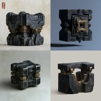 【梁端榫接件】，用途：连接遮盖；目标外包围尺寸约1×0.9×1米；核心材料：暗青石/黯金青铜。原创古中国山腹地牢建筑语言，沉重的体量、带古代工造逻辑的榫接及磨耗边缘，玄黑与黯青为主，旧金只作克制点缀，材质层次清楚，恐怖压迫但结构可读。只建此单件，不生成房间或场景；网格封闭、厚度真实、接地点明确，避免浮空、交错穿模，分离活动件和固定件，预留合理轴心/挂点及碰撞体；低重复纹理，无文字水印、人物、现代设备与屋顶。