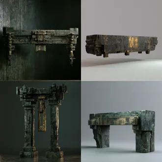 【重物吊架门楣】，用途：钟/锁挂点；目标外包围尺寸约4×1×1.5米；核心材料：暗青石/黯金青铜。原创古中国山腹地牢建筑语言，沉重的体量、带古代工造逻辑的榫接及磨耗边缘，玄黑与黯青为主，旧金只作克制点缀，材质层次清楚，恐怖压迫但结构可读。只建此单件，不生成房间或场景；网格封闭、厚度真实、接地点明确，避免浮空、交错穿模，分离活动件和固定件，预留合理轴心/挂点及碰撞体；低重复纹理，无文字水印、人物、现代设备与屋顶。