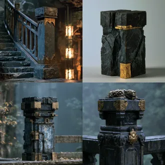 【天井围栏柱】，用途：栏杆端；目标外包围尺寸约0.6×0.6×1.6米；核心材料：暗青石/黯金青铜。原创古中国山腹地牢建筑语言，沉重的体量、带古代工造逻辑的榫接及磨耗边缘，玄黑与黯青为主，旧金只作克制点缀，材质层次清楚，恐怖压迫但结构可读。只建此单件，不生成房间或场景；网格封闭、厚度真实、接地点明确，避免浮空、交错穿模，分离活动件和固定件，预留合理轴心/挂点及碰撞体；低重复纹理，无文字水印、人物、现代设备与屋顶。