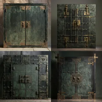 【青铜包木牢门】，用途：开闭破损；目标外包围尺寸约2.4×0.3×3米；核心材料：旧铜/乌木/玄石。原创古中国山腹地牢建筑语言，沉重的体量、带古代工造逻辑的榫接及磨耗边缘，玄黑与黯青为主，旧金只作克制点缀，材质层次清楚，恐怖压迫但结构可读。只建此单件，不生成房间或场景；网格封闭、厚度真实、接地点明确，避免浮空、交错穿模，分离活动件和固定件，预留合理轴心/挂点及碰撞体；低重复纹理，无文字水印、人物、现代设备与屋顶。