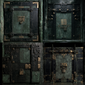 【嵌锁玄石重门】，用途：闭锁开启破损；目标外包围尺寸约3×0.55×3.8米；核心材料：旧铜/乌木/玄石。原创古中国山腹地牢建筑语言，沉重的体量、带古代工造逻辑的榫接及磨耗边缘，玄黑与黯青为主，旧金只作克制点缀，材质层次清楚，恐怖压迫但结构可读。只建此单件，不生成房间或场景；网格封闭、厚度真实、接地点明确，避免浮空、交错穿模，分离活动件和固定件，预留合理轴心/挂点及碰撞体；低重复纹理，无文字水印、人物、现代设备与屋顶。
