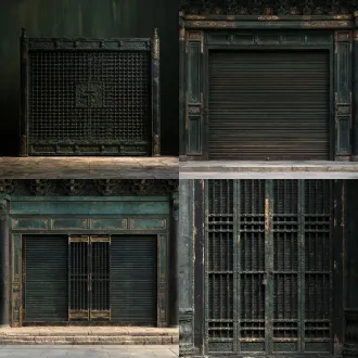 【卷闸式铁栅门】，用途：升降；目标外包围尺寸约3×0.35×4米；核心材料：旧铜/乌木/玄石。原创古中国山腹地牢建筑语言，沉重的体量、带古代工造逻辑的榫接及磨耗边缘，玄黑与黯青为主，旧金只作克制点缀，材质层次清楚，恐怖压迫但结构可读。只建此单件，不生成房间或场景；网格封闭、厚度真实、接地点明确，避免浮空、交错穿模，分离活动件和固定件，预留合理轴心/挂点及碰撞体；低重复纹理，无文字水印、人物、现代设备与屋顶。