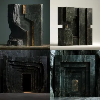 【弯折石廊地段】，用途：转弯；目标外包围尺寸约4×4×0.25米；核心材料：黑曜岩/暗金护边。原创古中国山腹地牢建筑语言，沉重的体量、带古代工造逻辑的榫接及磨耗边缘，玄黑与黯青为主，旧金只作克制点缀，材质层次清楚，恐怖压迫但结构可读。只建此单件，不生成房间或场景；网格封闭、厚度真实、接地点明确，避免浮空、交错穿模，分离活动件和固定件，预留合理轴心/挂点及碰撞体；低重复纹理，无文字水印、人物、现代设备与屋顶。