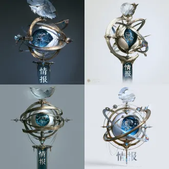 【情报·天机观象台】东方黑暗修仙游戏情报系统顶级hud图标，设计一座专门窥探天地秘密的微型机关仙器“天机观象台”。主体不是书籍或卷轴，而是一只被多层玄金观测仪包裹的巨大苍白天机神眼，竖直瞳孔由深蓝琉璃构成，瞳孔中央浮现一头被拆解为骨骼、经脉与灵气节点的微型妖兽幻影，仿佛正在观察异兽弱点、战斗能力与可能掉落的材料。神眼外围悬浮三道不同角度的测天轨道，一道布满妖兽分类刻印，一道由细密灵气探针组成，一道镶嵌不断变色的危险预兆晶体，轨道由精密金属支架连接。神眼正上方悬浮一枚断裂的古代窥天镜片，折射出极淡的区域山脉影像。整体呈锐利竖眼形轮廓，构图冷峻、精密、深不可测，主色冰蓝、冷银、暗金、玄黑，局部用猩红警戒光点强调危险。下方设计占整体高度35%的观星仪悬挂式铭牌，中文“情报”二字巨大清晰，银白金属字形嵌有冰蓝光线，必须严格放在主体下方，不得覆盖神眼。仙器级东方黑暗幻想游戏ui，极致精密的机械法器雕塑，绘画化材质，完整正面图标，透明背景，无场景，无其他文字。