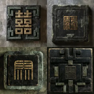 【嵌墙封印符印】，用途：壁饰；目标外包围尺寸约1.2×0.3×1.2米；核心材料：玄石/古金/冰青玉矿。原创古中国山腹地牢建筑语言，沉重的体量、带古代工造逻辑的榫接及磨耗边缘，玄黑与黯青为主，旧金只作克制点缀，材质层次清楚，恐怖压迫但结构可读。只建此单件，不生成房间或场景；网格封闭、厚度真实、接地点明确，避免浮空、交错穿模，分离活动件和固定件，预留合理轴心/挂点及碰撞体；低重复纹理，无文字水印、人物、现代设备与屋顶。