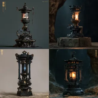 【值守台油灯】，用途：桌面照明；目标外包围尺寸约0.55×0.55×0.8米；核心材料：旧铜/矿质光芯。原创古中国山腹地牢建筑语言，沉重的体量、带古代工造逻辑的榫接及磨耗边缘，玄黑与黯青为主，旧金只作克制点缀，材质层次清楚，恐怖压迫但结构可读。只建此单件，不生成房间或场景；网格封闭、厚度真实、接地点明确，避免浮空、交错穿模，分离活动件和固定件，预留合理轴心/挂点及碰撞体；低重复纹理，无文字水印、人物、现代设备与屋顶。