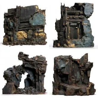 【石墙破坏残件】，用途：受损边界；目标外包围尺寸约3×2×2米；核心材料：断岩/残木/锈铁。原创古中国山腹地牢建筑语言，沉重的体量、带古代工造逻辑的榫接及磨耗边缘，玄黑与黯青为主，旧金只作克制点缀，材质层次清楚，恐怖压迫但结构可读。只建此单件，不生成房间或场景；网格封闭、厚度真实、接地点明确，避免浮空、交错穿模，分离活动件和固定件，预留合理轴心/挂点及碰撞体；低重复纹理，无文字水印、人物、现代设备与屋顶。
